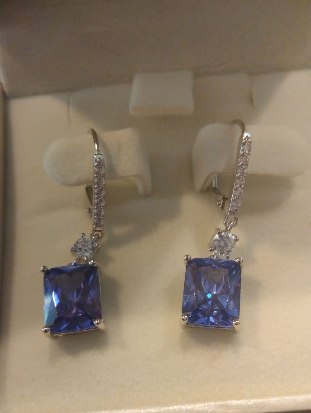 Classic Blue Cubic Zirconia Drop Earrings with Clear Accents Never Worn, New